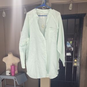 Aerie Green Oversized Button Down Shirt with Mandarin Collar